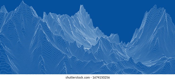 Abstract 3d wire-frame landscape. Blueprint style. Vector rendering from 3D model. Geology Terrain