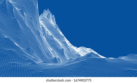 Abstract 3d wire-frame landscape. Blueprint style. Vector rendering from 3D model. Geology Terrain