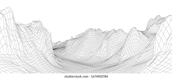 Abstract 3d Wire-frame Landscape. Blueprint Style. Vector Rendering From 3D Model. Geology Terrain