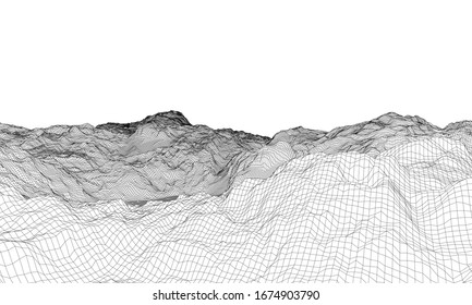 Abstract 3d wire-frame landscape. Blueprint style. Vector rendering from 3D model. Geology Terrain