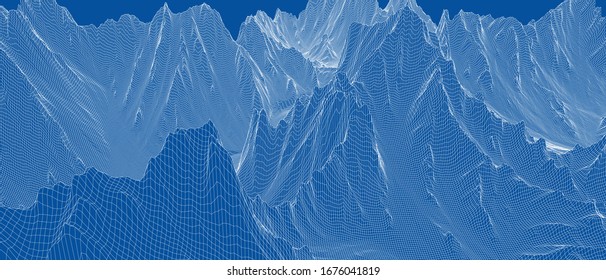 Abstrakte 3D-Drahtlandschaft. Blueprint-Stil. Vektorillustration-Rendering aus 3D-Modell. Geologisches Gelände