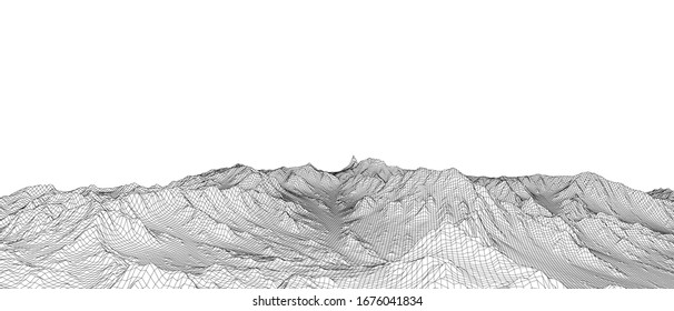 Abstract 3d wire-frame landscape. Blueprint style. Vector rendering from 3D model. Geology Terrain