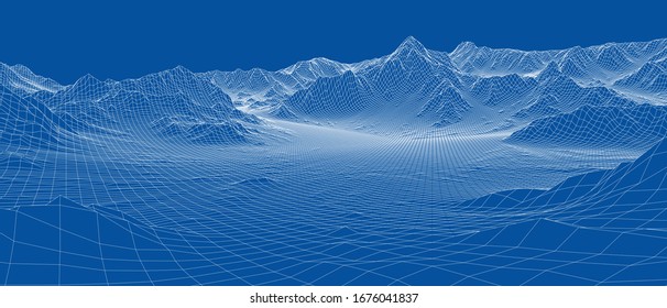 Abstract 3d wire-frame landscape. Blueprint style. Vector rendering from 3D model. Geology Terrain