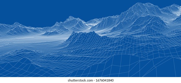 Abstract 3d wire-frame landscape. Blueprint style. Vector rendering from 3D model. Geology Terrain
