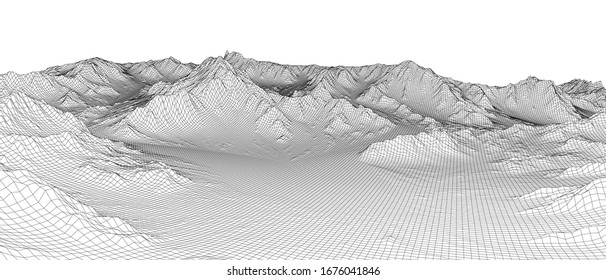 Abstract 3d wire-frame landscape. Blueprint style. Vector rendering from 3D model. Geology Terrain