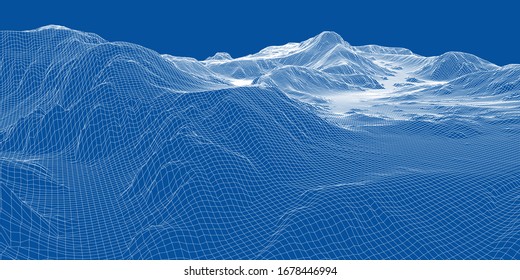 Abstrakte 3D-Drahtlandschaft. Blueprint-Stil. Vektorillustration-Rendering aus 3D-Modell. Geologisches Gelände