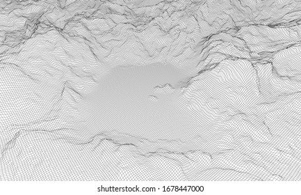 Abstract 3d wire-frame landscape. Blueprint style. Vector rendering from 3D model. Geology Terrain