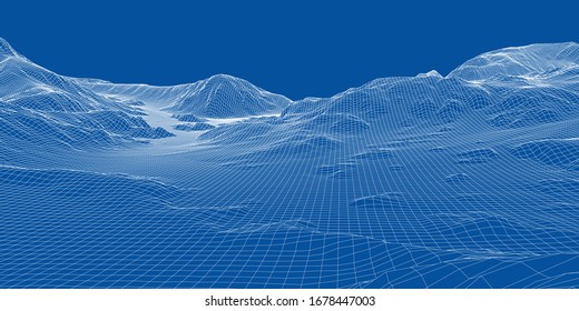 Abstract 3d wire-frame landscape. Blueprint style. Vector rendering from 3D model. Geology Terrain