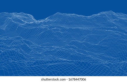 Abstract 3d wire-frame landscape. Blueprint style. Vector rendering from 3D model. Geology Terrain