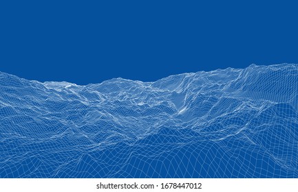 Panorama abstracto del bastidor de alambre 3d. Estilo Blueprint. Representación vectorial del modelo 3D. Terreno geológico