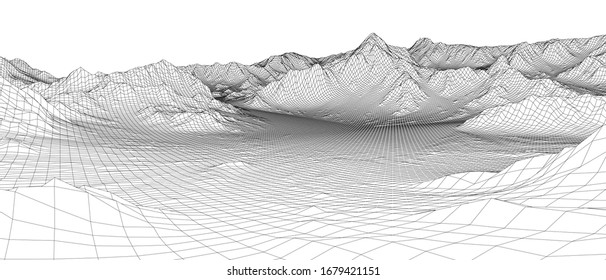 Abstract 3d wire-frame landscape. Blueprint style. Vector rendering from 3D model. Geology Terrain