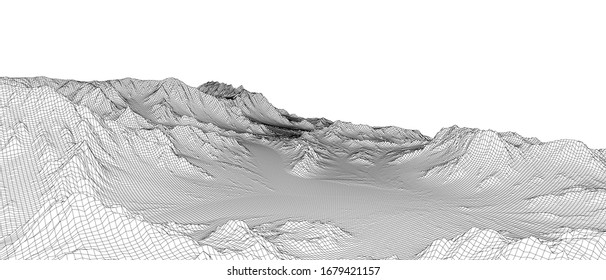 Abstract 3d wire-frame landscape. Blueprint style. Vector rendering from 3D model. Geology Terrain