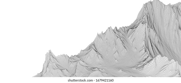 Abstract 3d wire-frame landscape. Blueprint style. Vector rendering from 3D model. Geology Terrain