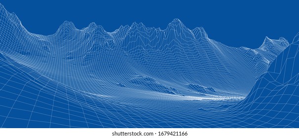 Abstract 3d wire-frame landscape. Blueprint style. Vector rendering from 3D model. Geology Terrain