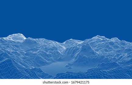 Abstract 3d wire-frame landscape. Blueprint style. Vector rendering from 3D model. Geology Terrain