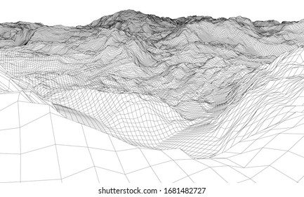 Abstract 3d wire-frame landscape. Blueprint style. Vector rendering from 3D model. Geology Terrain