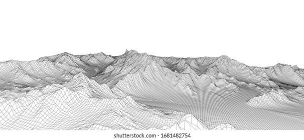 Abstract 3d wire-frame landscape. Blueprint style. Vector rendering from 3D model. Geology Terrain