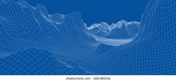Abstract 3d wire-frame landscape. Blueprint style. Vector rendering from 3D model. Geology Terrain
