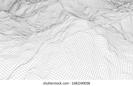 Abstract 3d wire-frame landscape. Blueprint style. Vector rendering from 3D model. Geology Terrain