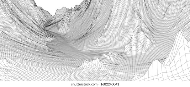 Abstract 3d wire-frame landscape. Blueprint style. Vector rendering from 3D model. Geology Terrain
