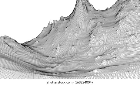 Abstrakte 3D-Drahtlandschaft. Blueprint-Stil. Vektorillustration-Rendering aus 3D-Modell. Geologisches Gelände