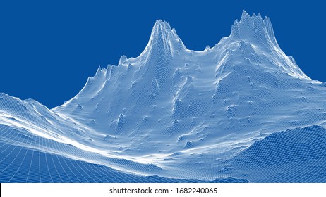 Abstract 3d wire-frame landscape. Blueprint style. Vector rendering from 3D model. Geology Terrain