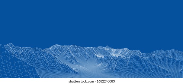 Abstract 3d wire-frame landscape. Blueprint style. Vector rendering from 3D model. Geology Terrain