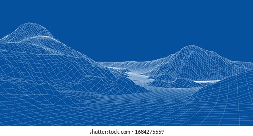 Abstract 3d wire-frame landscape. Blueprint style. Vector rendering from 3D model. Geology Terrain