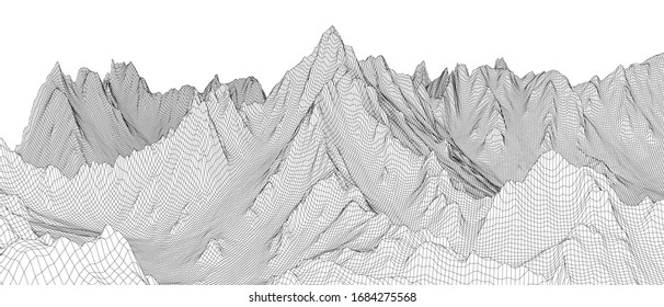 Abstract 3d wire-frame landscape. Blueprint style. Vector rendering from 3D model. Geology Terrain