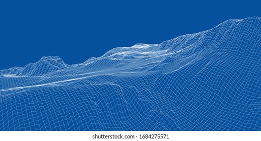Abstract 3d wire-frame landscape. Blueprint style. Vector rendering from 3D model. Geology Terrain