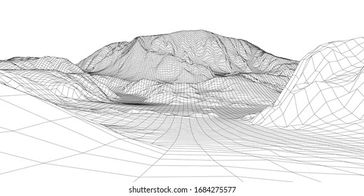 Abstract 3d wire-frame landscape. Blueprint style. Vector rendering from 3D model. Geology Terrain