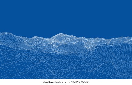 Abstract 3d wire-frame landscape. Blueprint style. Vector rendering from 3D model. Geology Terrain