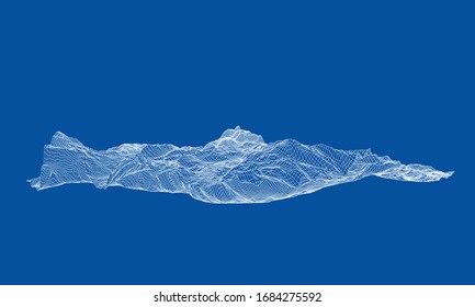 Abstrakte 3D-Drahtlandschaft. Blueprint-Stil. Vektorillustration-Rendering aus 3D-Modell. Geologisches Gelände