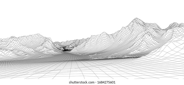 Abstract 3d wire-frame landscape. Blueprint style. Vector rendering from 3D model. Geology Terrain