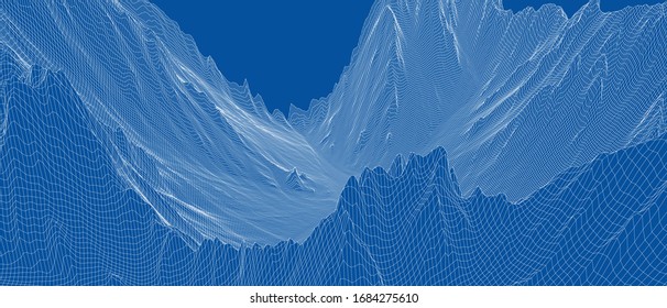 Abstract 3d wire-frame landscape. Blueprint style. Vector rendering from 3D model. Geology Terrain