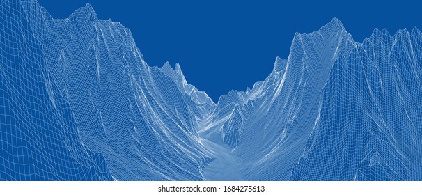 Abstract 3d wire-frame landscape. Blueprint style. Vector rendering from 3D model. Geology Terrain