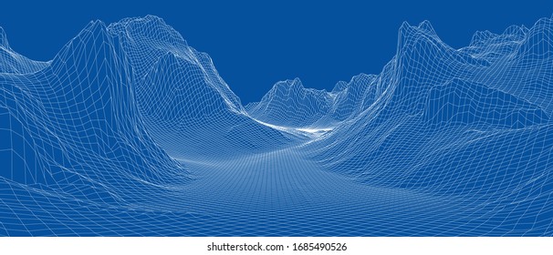 Abstract 3d wire-frame landscape. Blueprint style. Vector rendering from 3D model. Geology Terrain