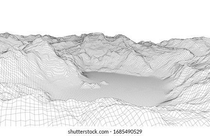 Abstract 3d wire-frame landscape. Blueprint style. Vector rendering from 3D model. Geology Terrain