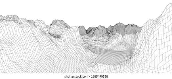 Abstract 3d wire-frame landscape. Blueprint style. Vector rendering from 3D model. Geology Terrain