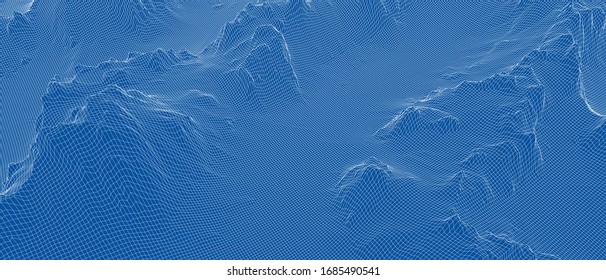 Abstract 3d wire-frame landscape. Blueprint style. Vector rendering from 3D model. Geology Terrain