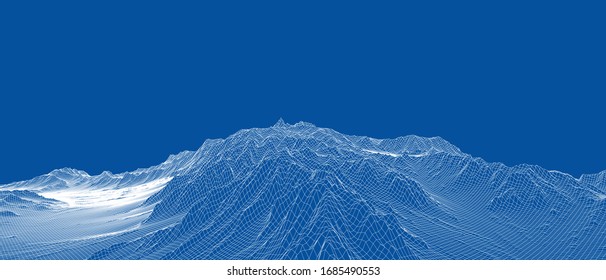 Panorama abstracto del bastidor de alambre 3d. Estilo Blueprint. Representación vectorial del modelo 3D. Terreno geológico