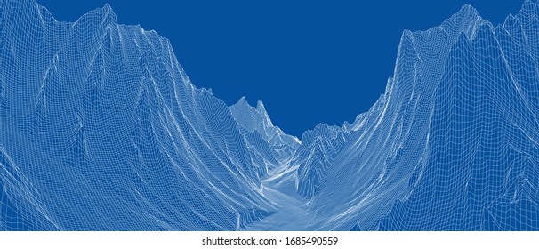 Abstract 3d wire-frame landscape. Blueprint style. Vector rendering from 3D model. Geology Terrain