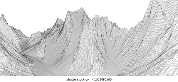 Abstract 3d wire-frame landscape. Blueprint style. Vector rendering from 3D model. Geology Terrain
