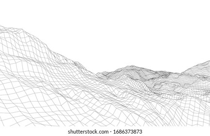 Abstract 3d wire-frame landscape. Blueprint style. Vector rendering from 3D model. Geology Terrain