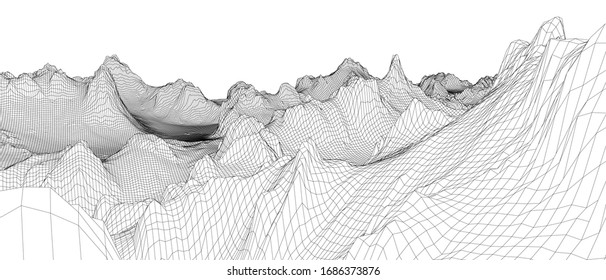 Abstract 3d wire-frame landscape. Blueprint style. Vector rendering from 3D model. Geology Terrain