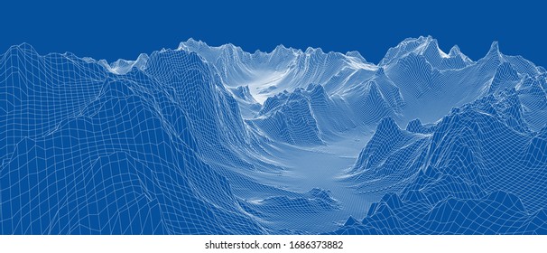 Abstract 3d wire-frame landscape. Blueprint style. Vector rendering from 3D model. Geology Terrain