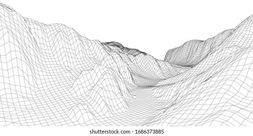 Abstract 3d wire-frame landscape. Blueprint style. Vector rendering from 3D model. Geology Terrain