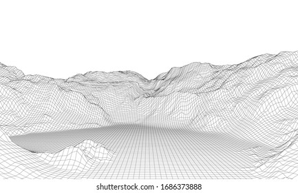 Abstract 3d wire-frame landscape. Blueprint style. Vector rendering from 3D model. Geology Terrain
