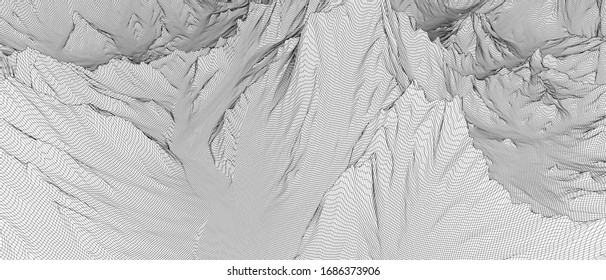 Abstract 3d wire-frame landscape. Blueprint style. Vector rendering from 3D model. Geology Terrain