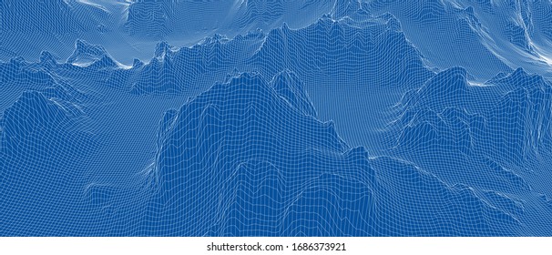 Abstract 3d wire-frame landscape. Blueprint style. Vector rendering from 3D model. Geology Terrain